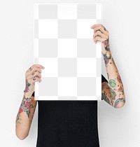 Tattooed woman showing a blank poster mockup transparent png