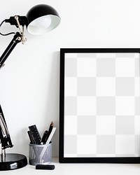 Black picture frame png mockup on white desk