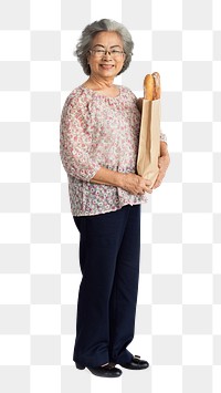 Happy senior woman holding a baguette transparent png