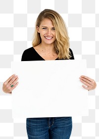 Happy blonde woman holding an empty board transparent png