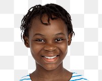 Little African girl png transparent, happy smiling face portrait