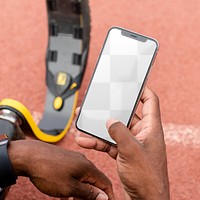 iPhone png mockup blank screen being held by an athlete with prosthetic legs on a running track