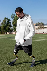 Hoodie mockup png transparent on male athlete with prosthetic leg