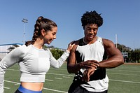 Tops mockups png on male and female athletes practicing together