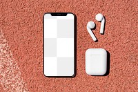 Smartphone mockup png with wireless earbud and charger case for music streaming