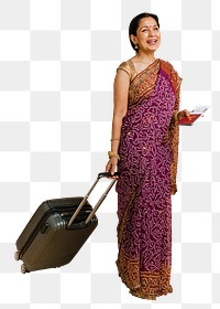 Happy Indian woman in a traditional saree ready for boarding mockup