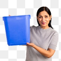 Senior Indian woman holding an empty blue container mockup 