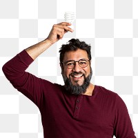 Happy Indian man holding a light bulb mockup