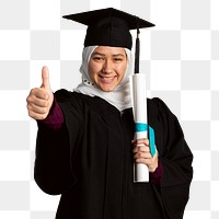 Muslim woman in a graduation gown holding her diploma mockup 