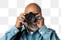 Happy senior man with a digital camera mockup 