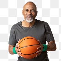 Happy senior man holding a basketball mockup 