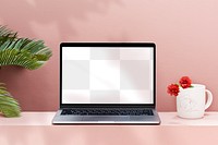 Laptop mockup with a pastel pink wall transparent png