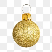A glitter gold ball Christmas ornament on transparent