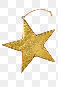 A gold star Christmas ornament on transparent