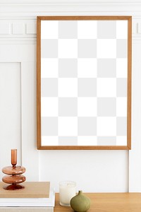 Wooden picture frame mockup over a wooden table 