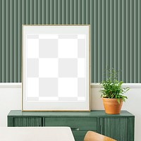 Picture frame mockup on a green wooden cabinet
