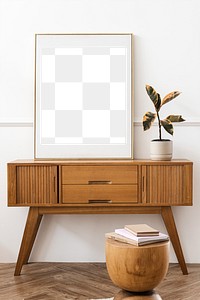 Picture frame mockup on a wooden sideboard table