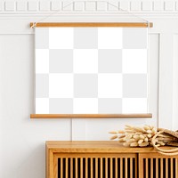 Blank picture frame on a wooden cabinet