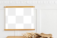 Poster hanger mockup over a wooden sideboard table with hare&#39;s tail grass in a wicker bag