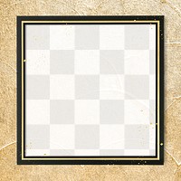Square black and gold frame with gold swirl border on transparent background 
