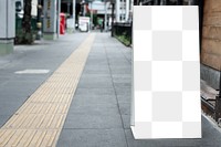 Transparent board mockup png on the sidewalk outside a restaurant