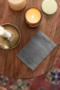 Flay lay envelope mockup png with candles