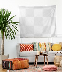 Tapestry wall mockup png in a bohemian living room