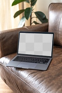 Laptop screen mockup png with transparent background on a leather couch