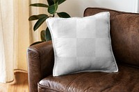 Cushion mockup png with transparent background on a leather couch