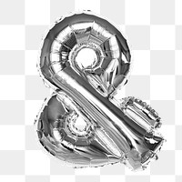 Ampersand symbol png sticker, silver foil balloon, transparent background