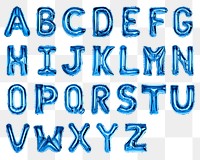 Letter png stickers, blue foil balloon alphabet set, transparent background