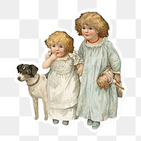 Vintage hand drawn children and dog sticker with white border