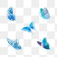 Neon blue butterfly illustrations set transparent png