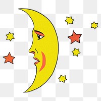 Celestial crescent moon face with stars design element