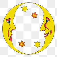 Celestial double crescent moon face with stars design element