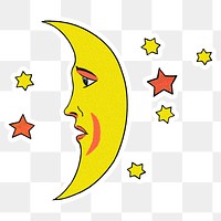 Celestial crescent moon face with stars sticker with white border