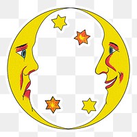 Celestial doublecrescent moon face with stars sticker with white border