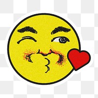 Vintage yellow round kissing emoji sticker with white border