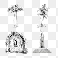 Vintage set of trees and buildings transparent png