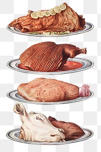 Vintage food illustrations of haunch of venison, roast leg of pork, york ham, calf's head, and bath chap