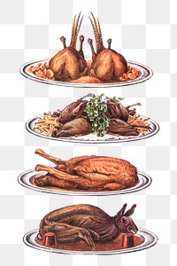 Vintage food illustrations of roast pheasants with chips and brown crumbs, plovers with potato straws, roast wild duck, and roast hare with red currant jelly design resources