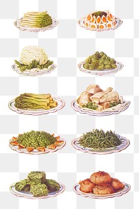 Vintage vegetables illustrations of asparagus, spinach with eggs, cauliflower, brussels sprouts, leeks, parsnips, new peas, french beans, cabbage, and braised onions design resources