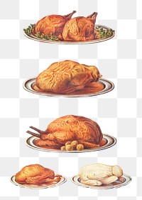 Vintage poultry dishes of roast fowls, roast goose, roast turkey with savoury balls, roast duck, and boiled chicken design resources