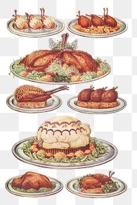 Vintage poultry dishes of barded partridges, roast partridges, roast surrey fowls, larded guinea fowl, roast plovers, stuffed capon &agrave; la mayonnaise, roast gosling, and roast pigeons 