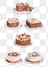 Vintage dessert set of fancy cakes and gateaux illustration design resources