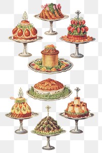 Vintage cold collation dishes of cutlets and peas, stuffed larks in cases, prawns en bouquet, raised game pie, pigeon pie, lamb cutlets, chicken creams, and plover&#39;s eggs design resources