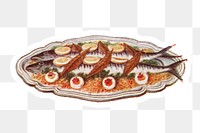 Hand drawn mackerel dish sticker with white border