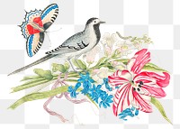 Gray bird on flowers bouquet png, remixed from the 18th-century artworks from the Smithsonian archive.