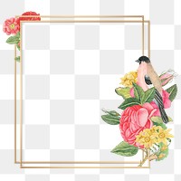 Png vintage flower bird gold frame, remixed from the 18th-century artworks from the Smithsonian archive.