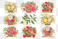 Vintage basket of flowers and fruits png illustration set, remixed from the 18th-century artworks from the Smithsonian archive.